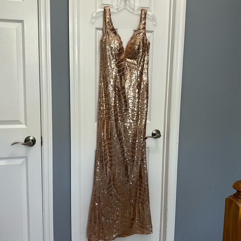 Rose gold long length gala dress from Eureka